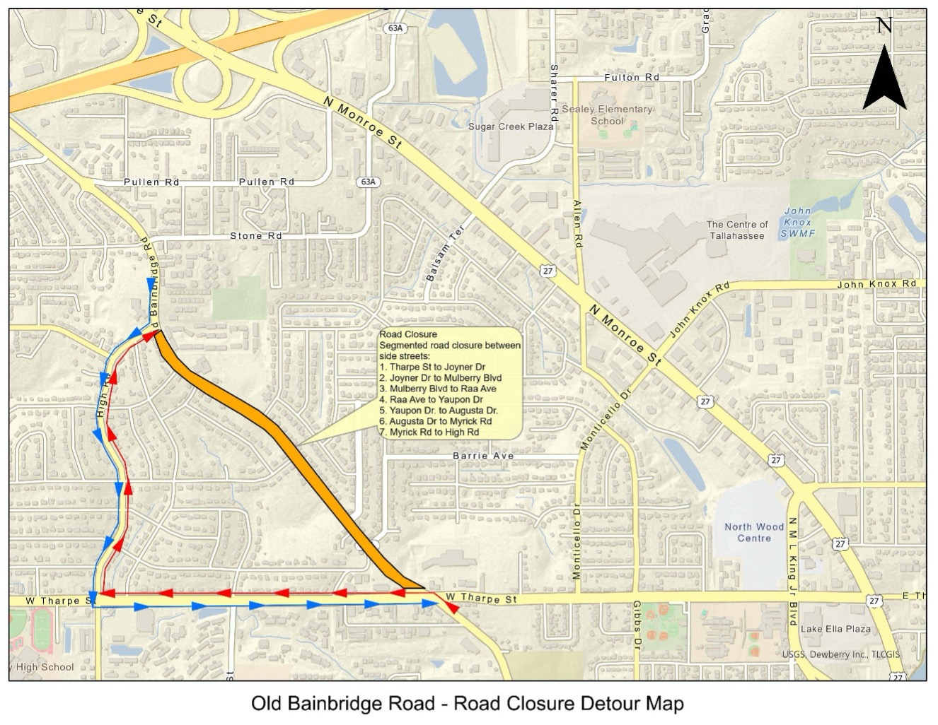 a map of the closed section of Old Bainbridge Road between Tharpe Street and High Road, with those roads serving as the detour route.